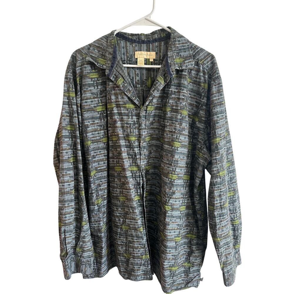 The Territory Ahead Men's Sz XLT Button Up Shirt Gray Green Pattern 100% Cotton